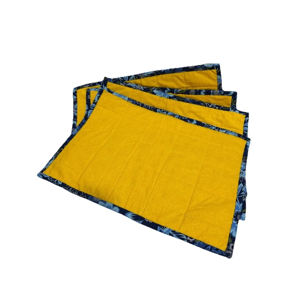 4 Placemats Reversible Country French/ Farmhouse Cotton  Gold/Blue‎ 17 x13